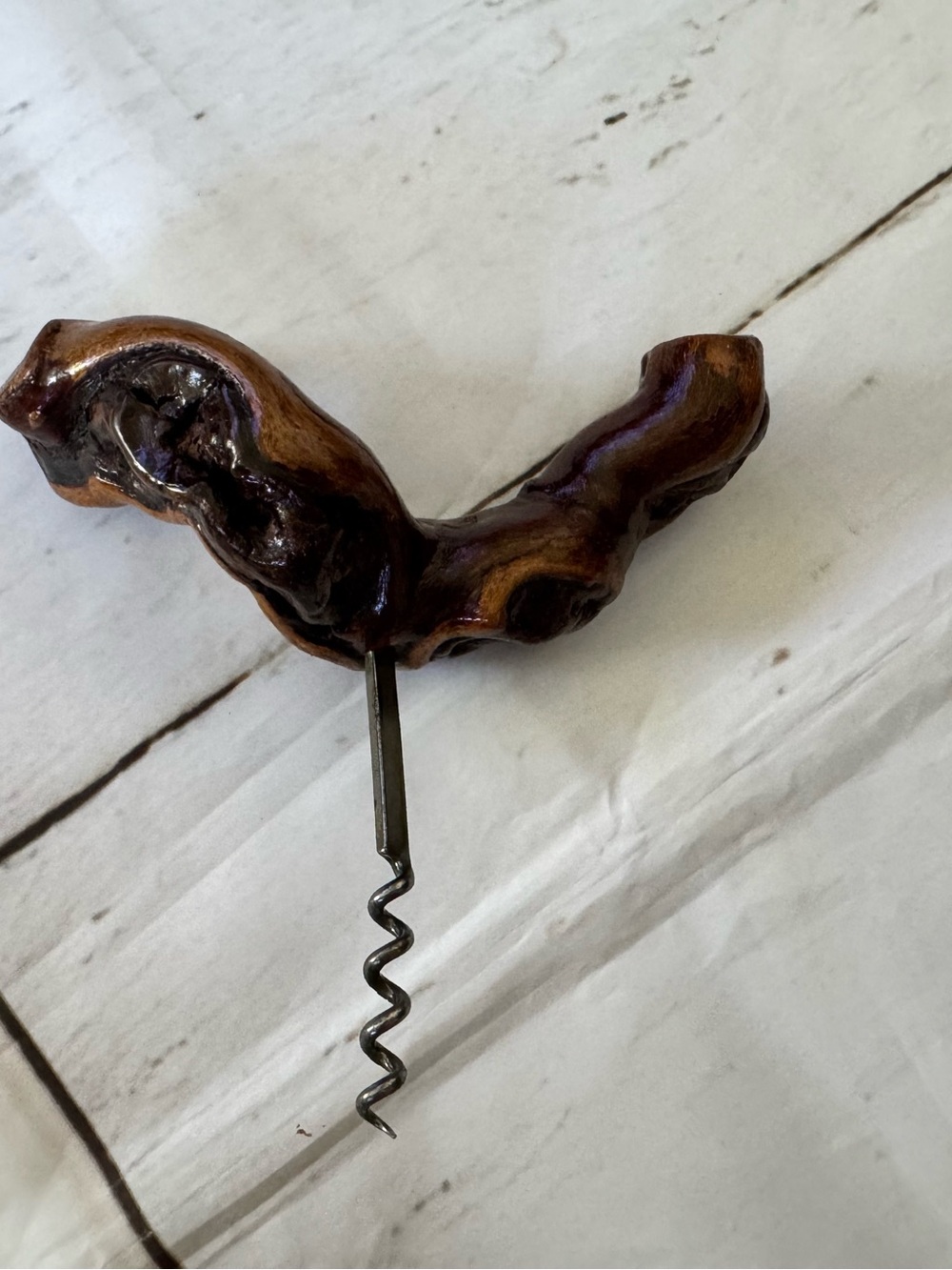 Hand-Carved Brown Wood Corkscrew VGUC